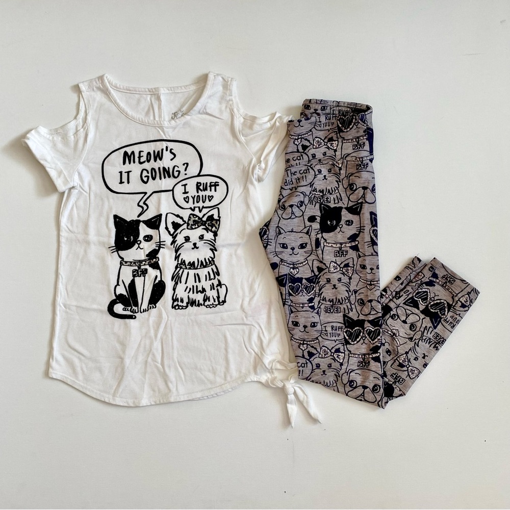 Justice Girl’s Puppy & Kitty Cold Shoulder Tee & Leggings Set Size 8 T-shirt